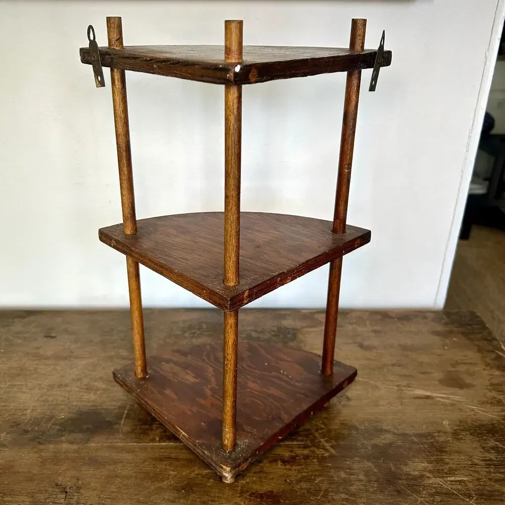 Vintage Wood Spindle Corner Shelf | 3 Tier Etagere Wall Decor